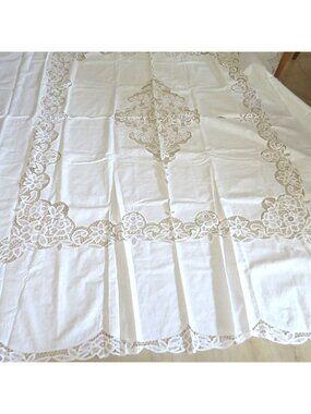 Large White Cotton Linen Battenburg Lace Tablecloth 92"x102" Floral Embroidery